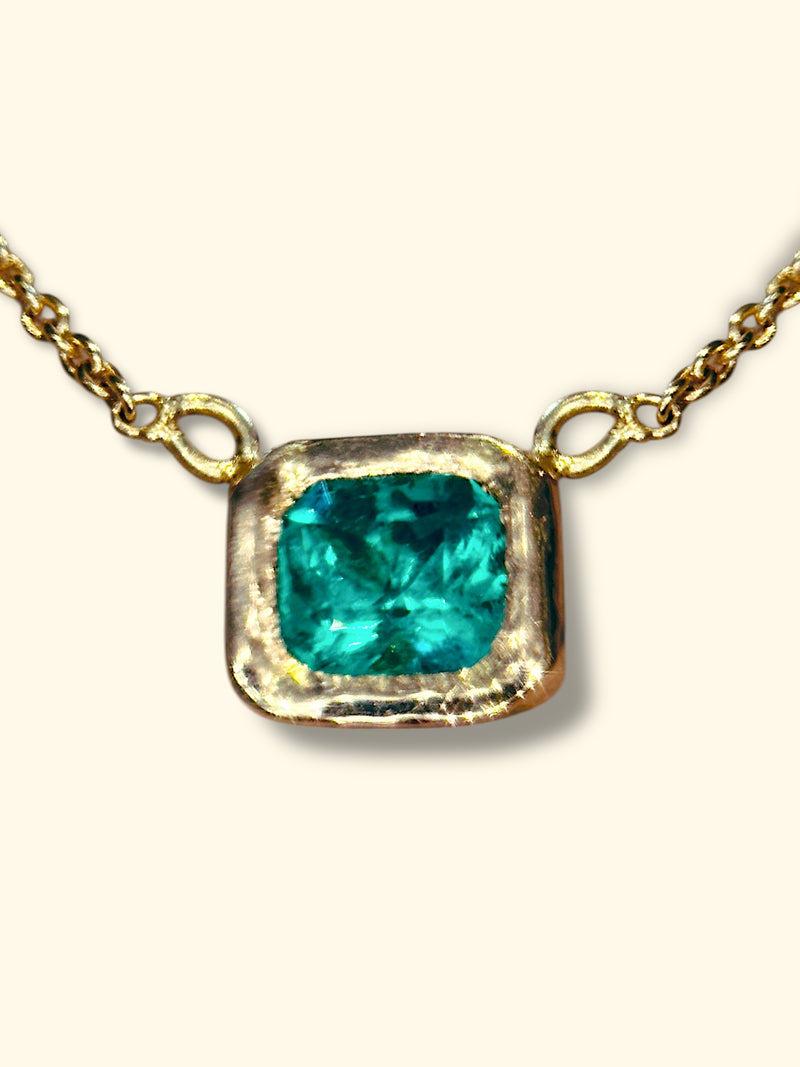 SOLD - One Of A Kind Stunning Vivacious Green Emerald Bezel Set Necklace Emerald Cut 18 Ct Gold