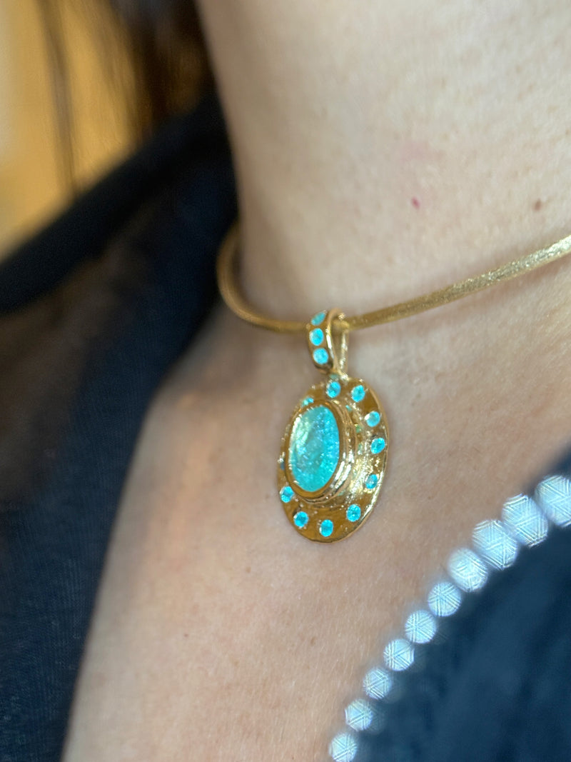 “Azul” Neon Blue Brazilian Paraiba Tourmalines and Mozambique Paraiba Oval Bezel Set Necklace