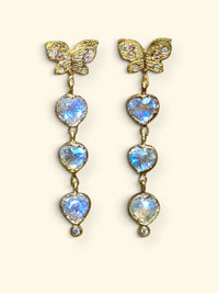 Butterfly Moonstone Heart Drop Earrings with Pastel Sapphires in 18 Ct Gold
