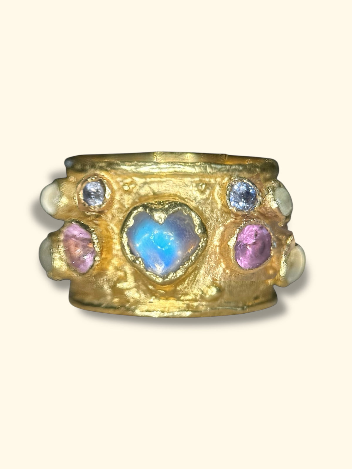 Moonstone Heart Cigar Ring with Sapphires 18 Ct Gold