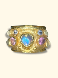 Moonstone Heart Cigar Ring with Sapphires 18 Ct Gold