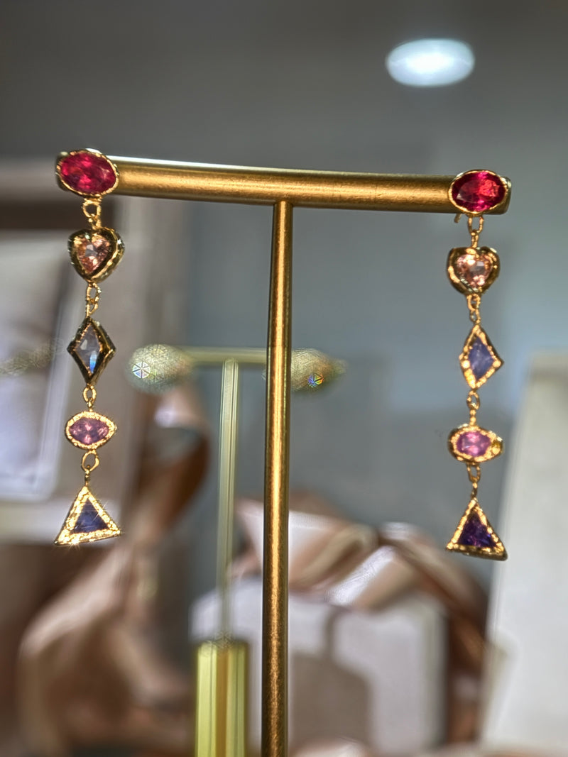 Cubism Mismatched Geometric Sapphires & Tourmaline Earrings 18 Ct Gold