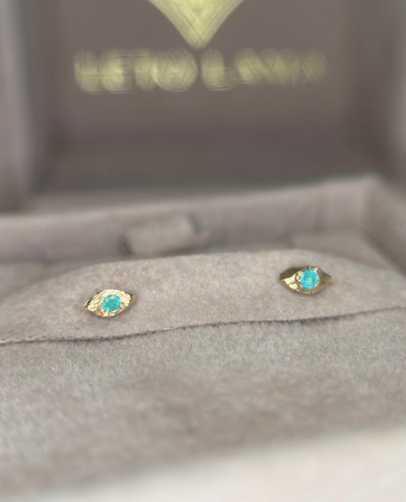 Neon Blue Brazilian Paraiba Tourmaline Mini Evil Eye Studs 18 Ct Gold
