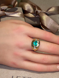 Chubby Cupid Band Colombian Emerald Heart Ring with Princess Diamonds 18 Ct Gold