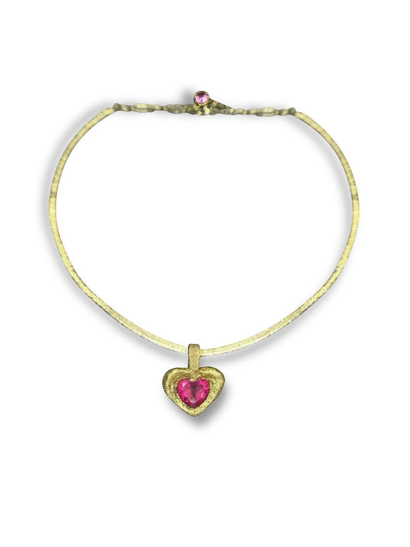 “Passion” 18 Ct Gold Rubellite Tourmaline Heart 3.3 cts Frosted Mat Finish Wire Collar Chain