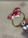 “Love you to Pieces” Ruby Heart, rubies baguettes, rounds and Diamonds 18 Ct Gold Ring