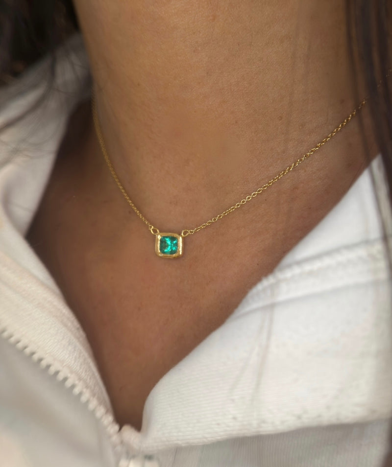 SOLD - One Of A Kind Stunning Vivacious Green Emerald Bezel Set Necklace Emerald Cut 18 Ct Gold
