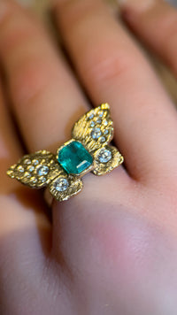 IGI Certified 1.3 Ct Emerald Queen Butterfly Ring with Diamonds in 18 Ct Gold Half Bezel (Available online and also to View in Person at Stardust, London 101 Walton Street)