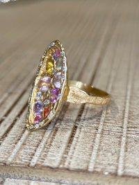 Marquise Cocktail Ring Geometric Abstract Art Sapphires with Diamonds 18 Ct Gold