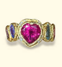 Red Pink Tourmaline Heart Love Ring with Geometric Sapphires and Diamonds 18 Ct Gold Abstract