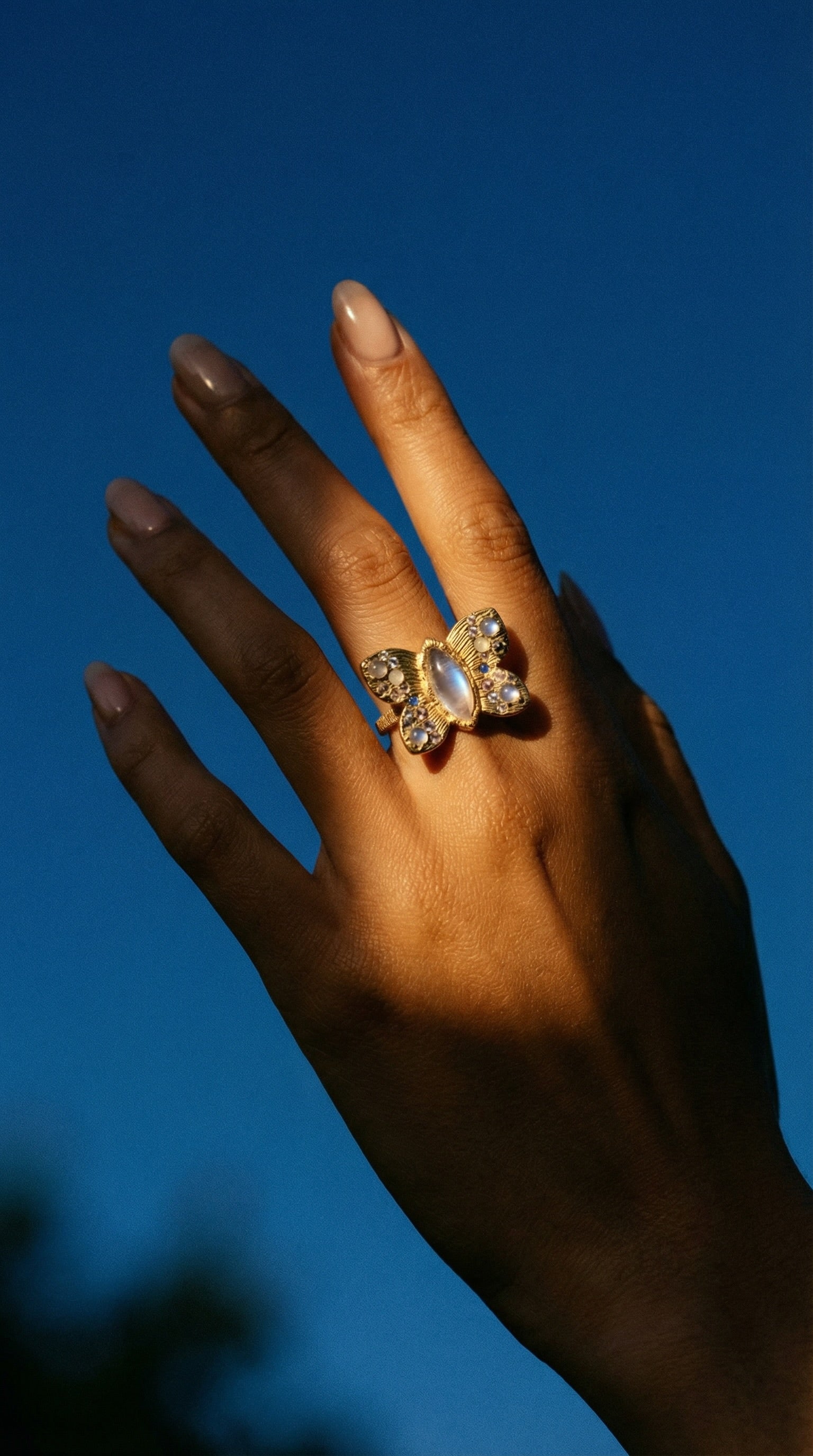 “Winterfly” 18 Ct Gold Moonstones & Diamonds Art Ring at Tomfoolery London