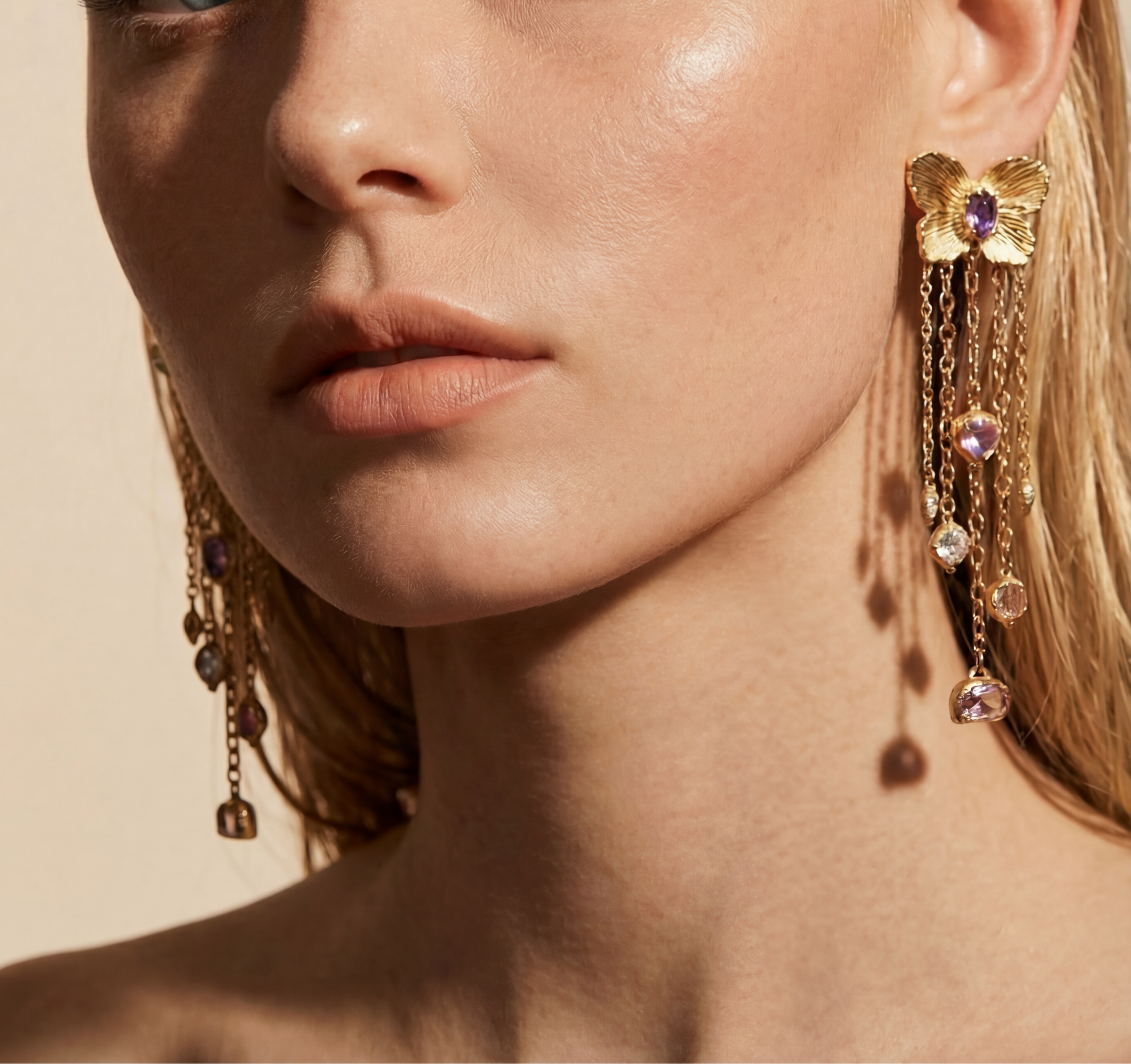 Butterfly Cuckoo Charm Earrings in 18 Ct Gold, Purple Oval Sapphires (Available at Tomfoolery London)