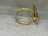 “Love you to Pieces” Ruby Heart, rubies baguettes, rounds and Diamonds 18 Ct Gold Ring