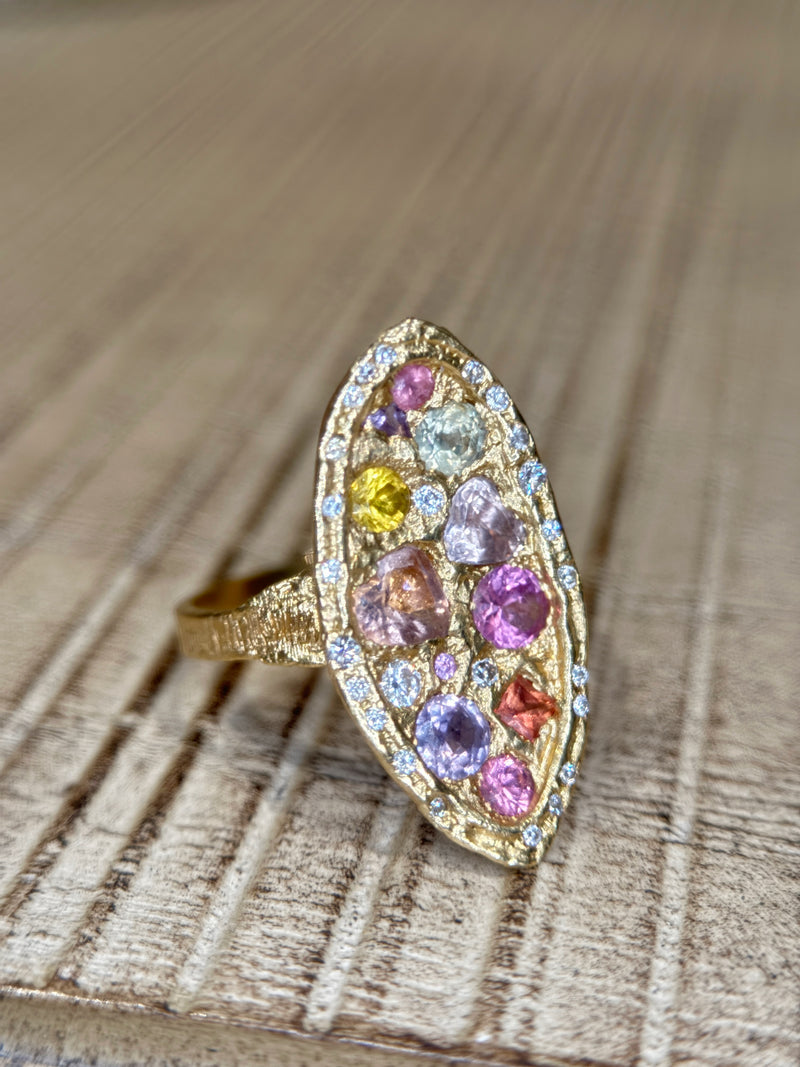 Marquise Cocktail Ring Geometric Abstract Art Sapphires with Diamonds 18 Ct Gold