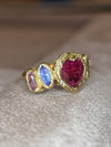 Red Pink Tourmaline Heart Love Ring with Geometric Sapphires and Diamonds 18 Ct Gold Abstract