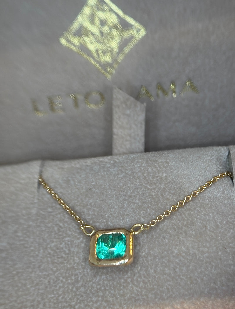 SOLD - One Of A Kind Stunning Vivacious Green Emerald Bezel Set Necklace Emerald Cut 18 Ct Gold