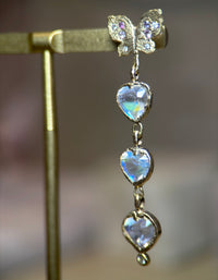 Butterfly Moonstone Heart Drop Earrings with Pastel Sapphires in 18 Ct Gold
