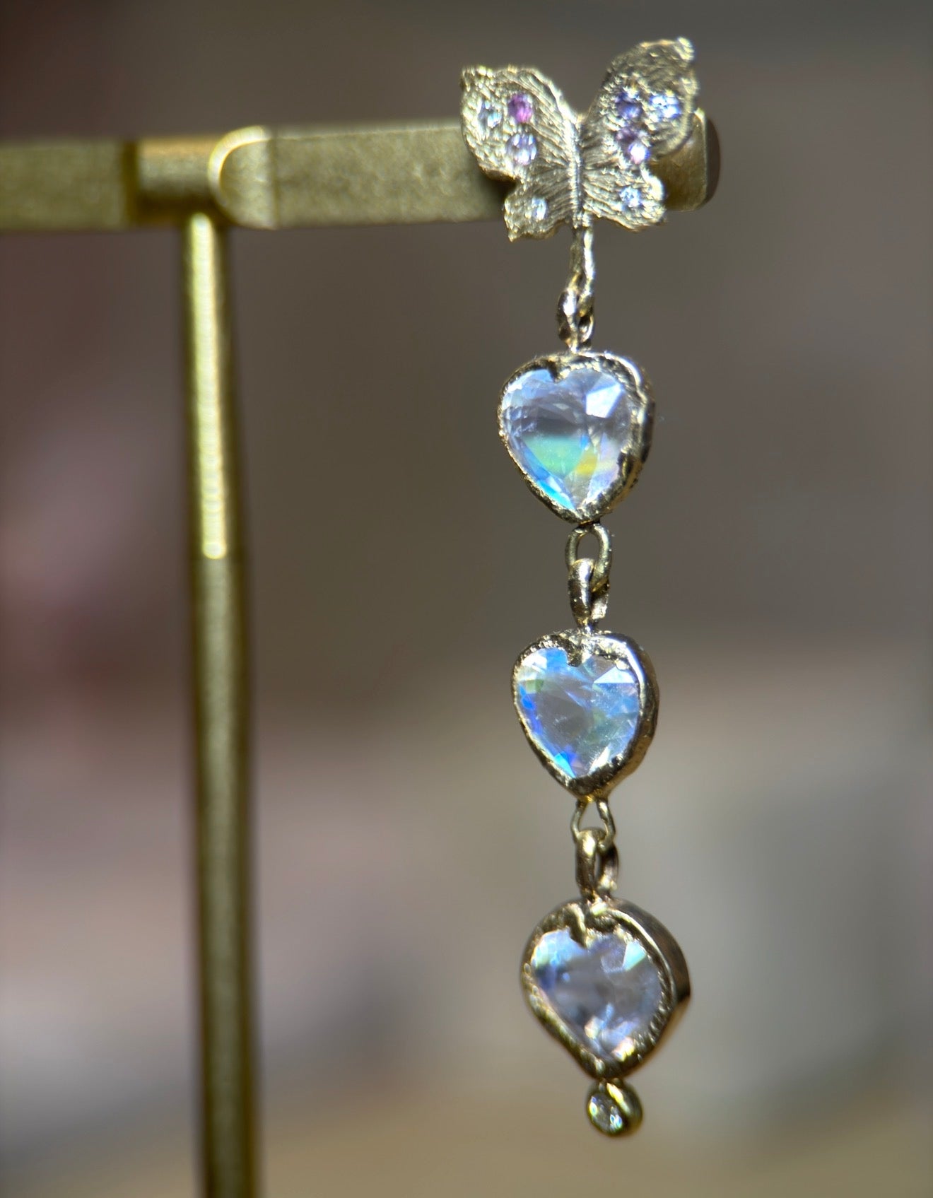 Butterfly Moonstone Heart Drop Earrings with Pastel Sapphires in 18 Ct Gold