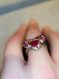 “Love you to Pieces” Ruby Heart, rubies baguettes, rounds and Diamonds 18 Ct Gold Ring