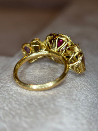 Red Pink Tourmaline Heart Love Ring with Geometric Sapphires and Diamonds 18 Ct Gold Abstract