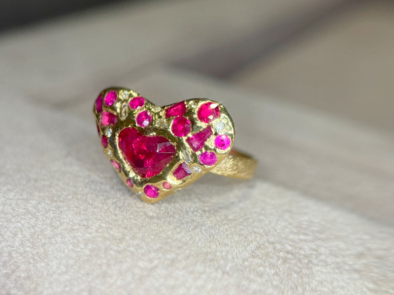 “Love you to Pieces” Ruby Heart, rubies baguettes, rounds and Diamonds 18 Ct Gold Ring