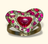“Love you to Pieces” Ruby Heart, rubies baguettes, rounds and Diamonds 18 Ct Gold Ring