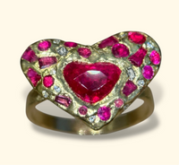 “Love you to Pieces” Ruby Heart, rubies baguettes, rounds and Diamonds 18 Ct Gold Ring