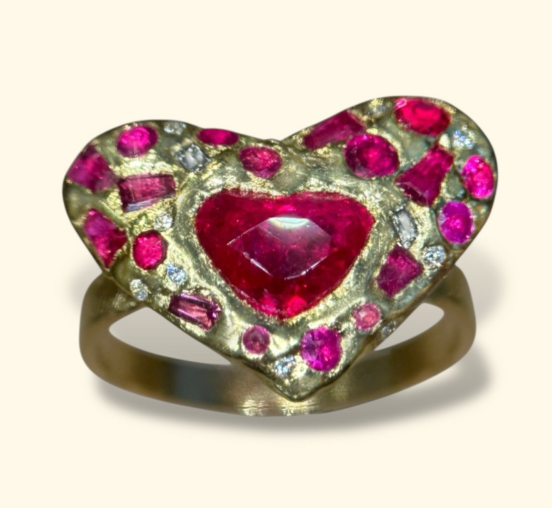 “Love you to Pieces” Ruby Heart, rubies baguettes, rounds and Diamonds 18 Ct Gold Ring