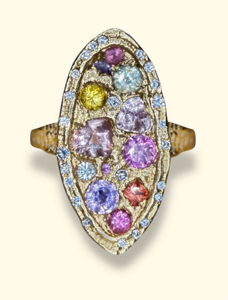 Marquise Cocktail Ring Geometric Abstract Art Sapphires with Diamonds 18 Ct Gold