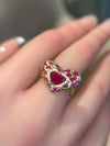 “Love you to Pieces” Ruby Heart, rubies baguettes, rounds and Diamonds 18 Ct Gold Ring