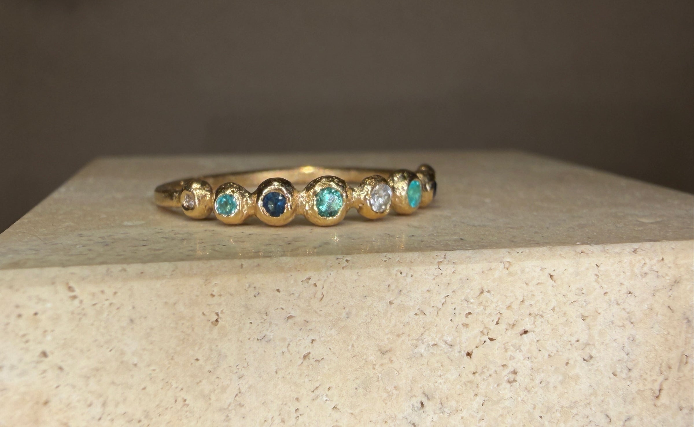 Ocean Bubbles Ring Band Sapphires Paraibas Emerald and Diamonds in 18 Ct Gold