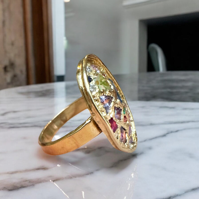 18 Ct Gold Large Oval Geometric Abstract Art Cocktail Ring Sapphires & Diamonds