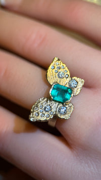 IGI Certified 1.3 Ct Emerald Queen Butterfly Ring with Diamonds in 18 Ct Gold Half Bezel (Available online and also to View in Person at Stardust, London 101 Walton Street)