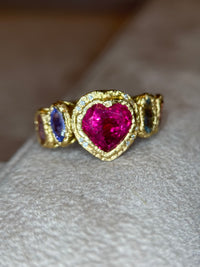 Red Pink Tourmaline Heart Love Ring with Geometric Sapphires and Diamonds 18 Ct Gold Abstract