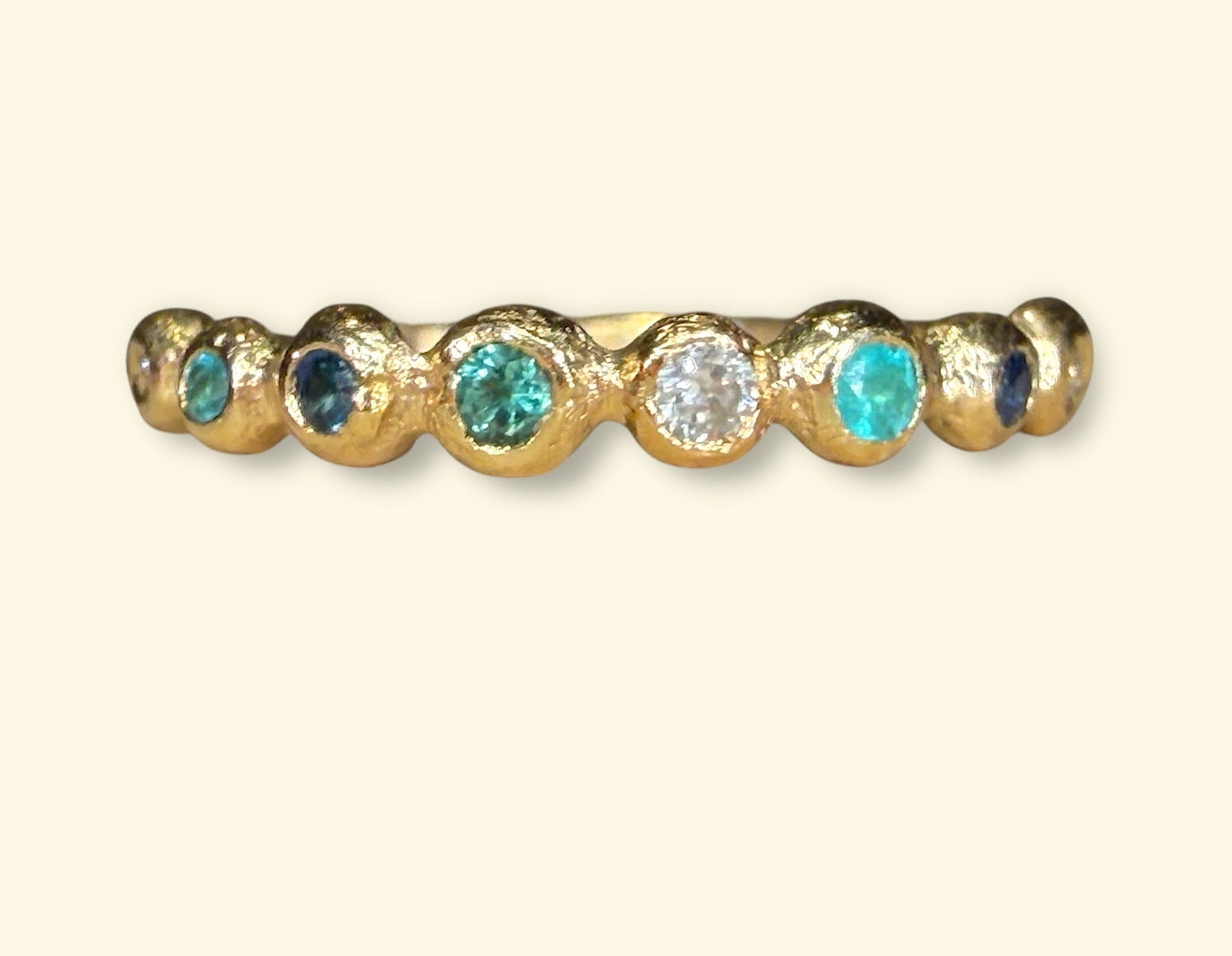 Ocean Bubbles Ring Band Sapphires Paraibas Emerald and Diamonds in 18 Ct Gold