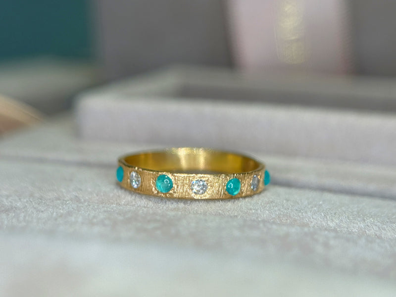 Brazilian Neon Blue Paraibas Tourmalines & Diamonds Ring Band 18 Ct Gold