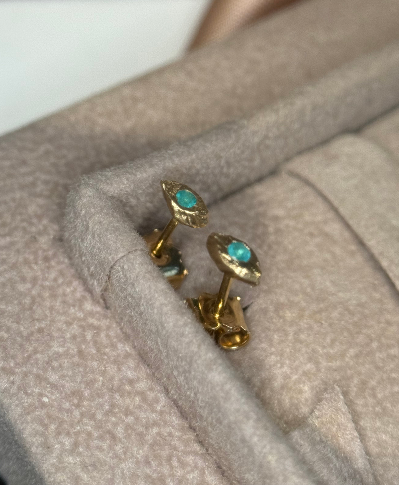 Neon Blue Brazilian Paraiba Tourmaline Mini Evil Eye Studs 18 Ct Gold