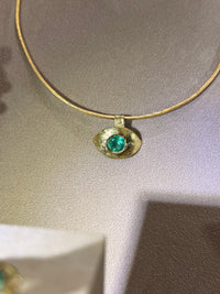 “Esmeralda Eye” Certified 2 Ct Emerald Round Large Evil Eye Wire Torque Collar Necklace 18 Ct Gold