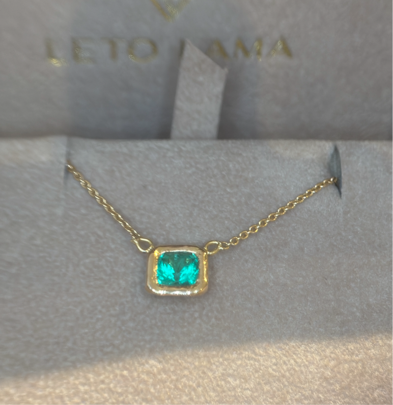 SOLD - One Of A Kind Stunning Vivacious Green Emerald Bezel Set Necklace Emerald Cut 18 Ct Gold
