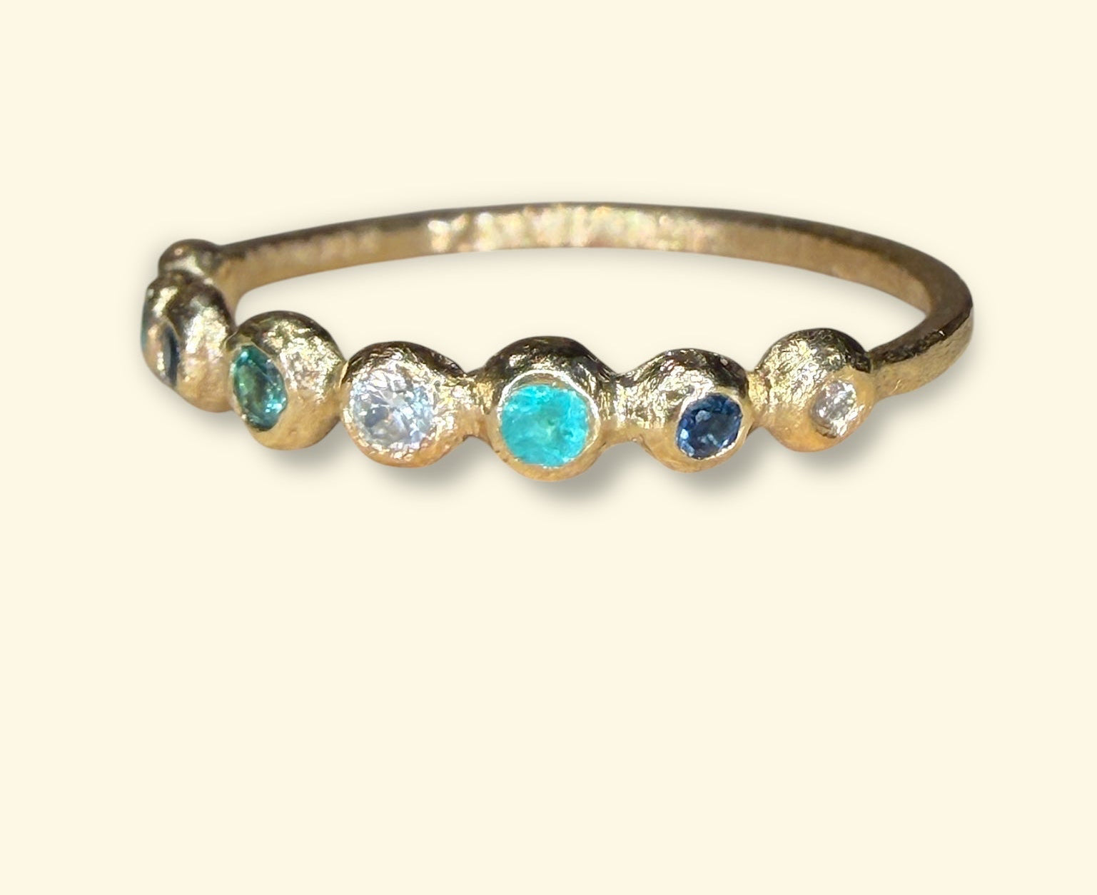 Ocean Bubbles Ring Band Sapphires Paraibas Emerald and Diamonds in 18 Ct Gold