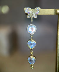 Butterfly Moonstone Heart Drop Earrings with Pastel Sapphires in 18 Ct Gold