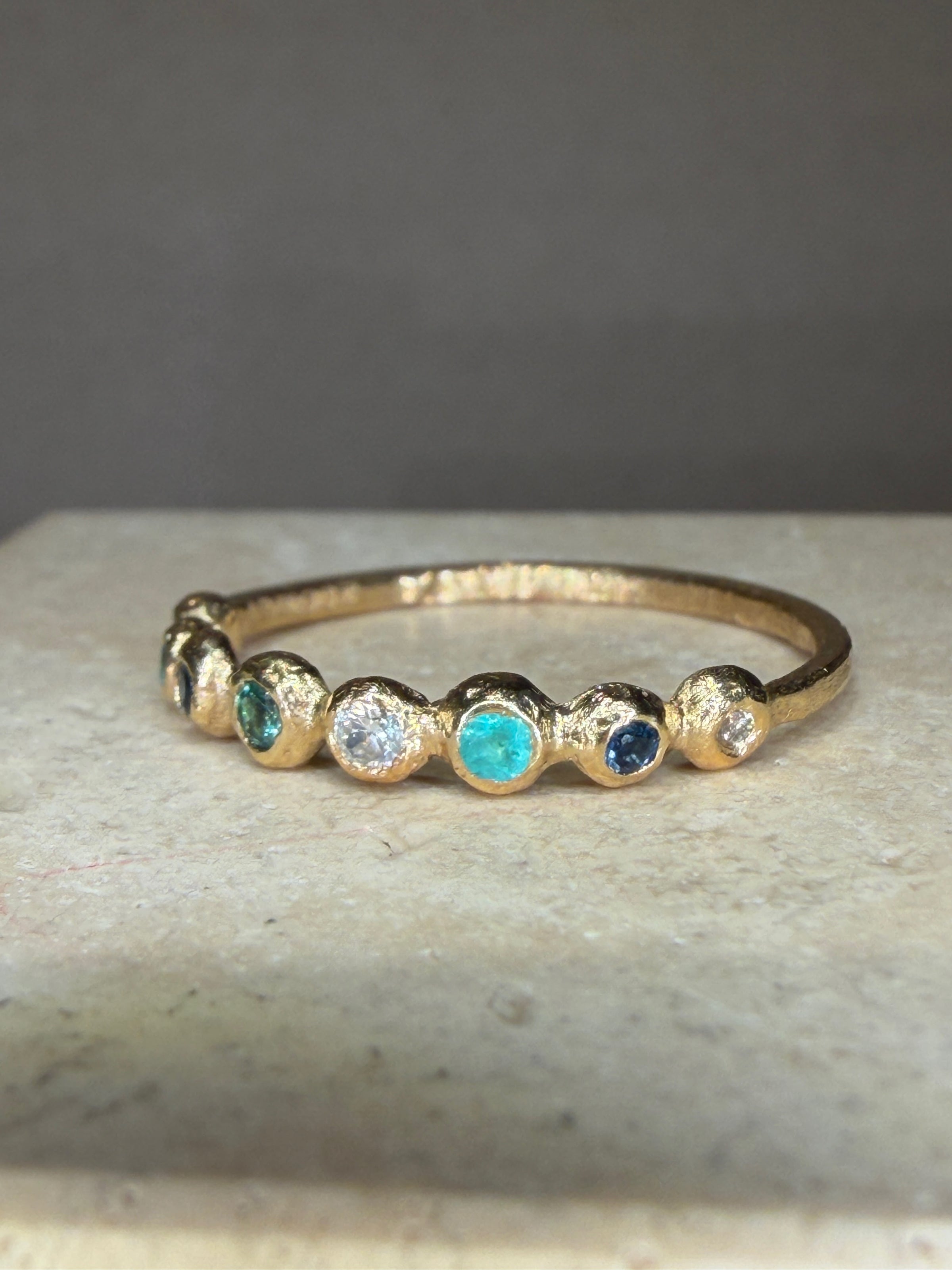 Ocean Bubbles Ring Band Sapphires Paraibas Emerald and Diamonds in 18 Ct Gold