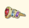 Red Pink Tourmaline Heart Love Ring with Geometric Sapphires and Diamonds 18 Ct Gold Abstract