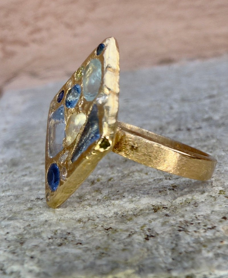 “Ultramarine” Lozenge Abstract Art Cocktail Ring Sapphires Diamonds Aquamarine 18 Ct Gold