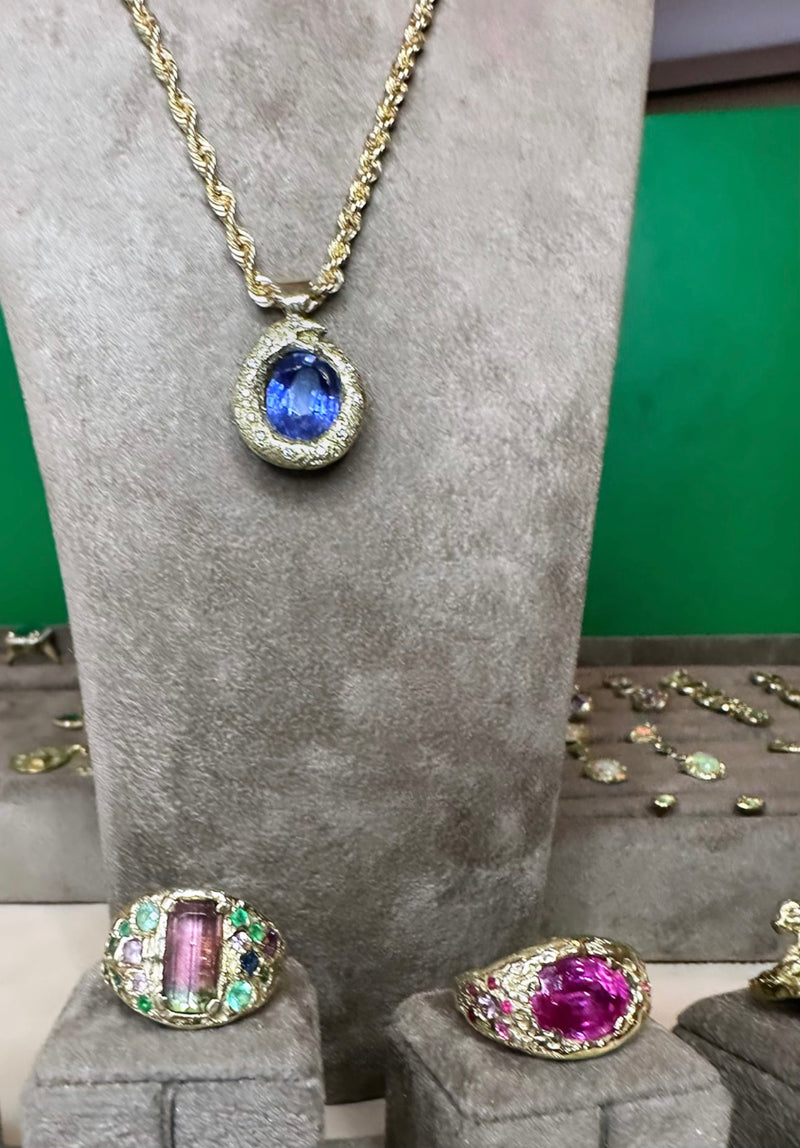 Ouroboros Blue Sapphire with Diamonds necklace in 14K Gold
