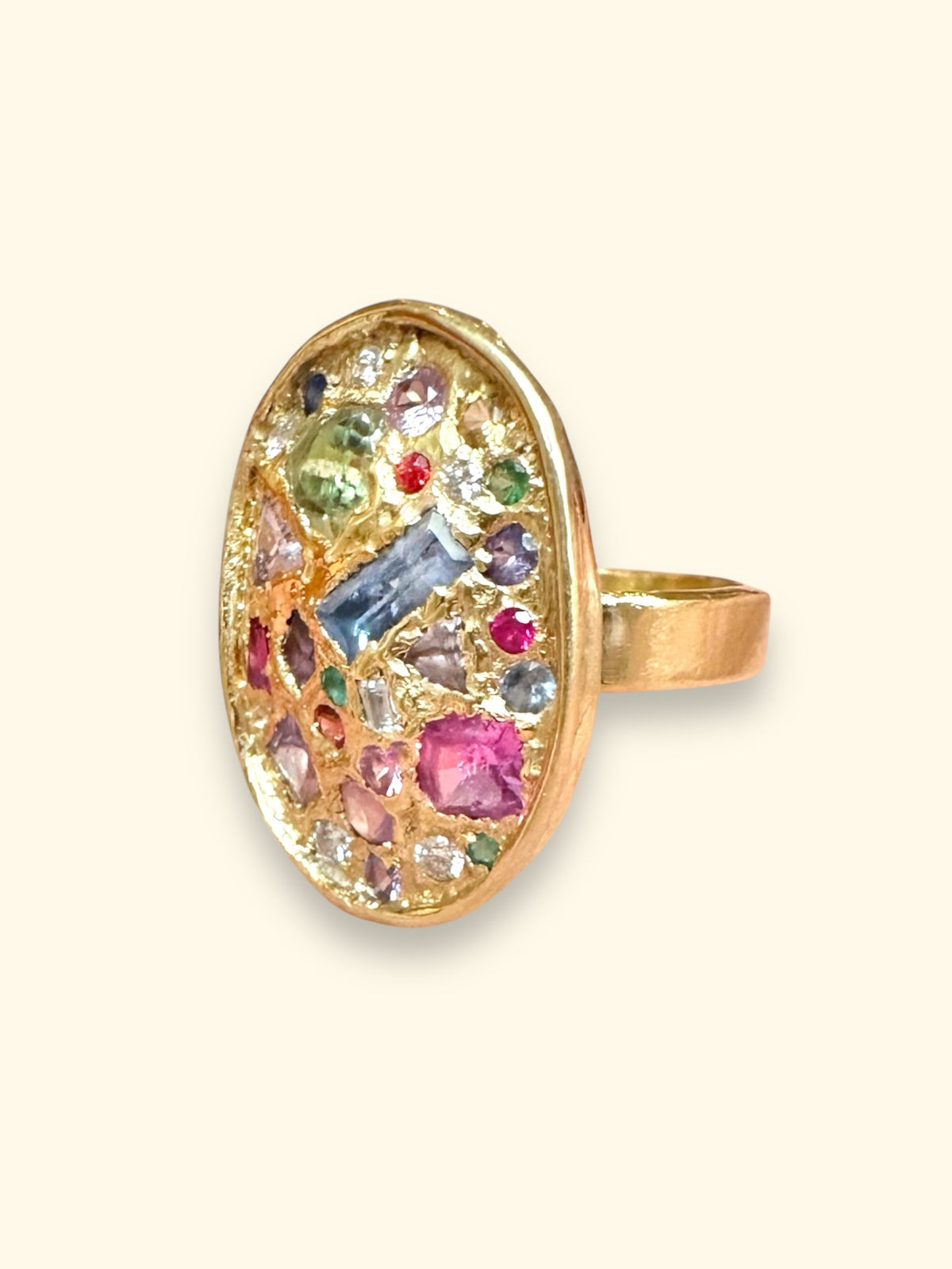 Sold Out - 18 Ct Gold Large Oval Geometric Abstract Art Cocktail Ring Sapphires & Diamonds