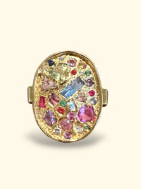 Sold Out - 18 Ct Gold Large Oval Geometric Abstract Art Cocktail Ring Sapphires & Diamonds