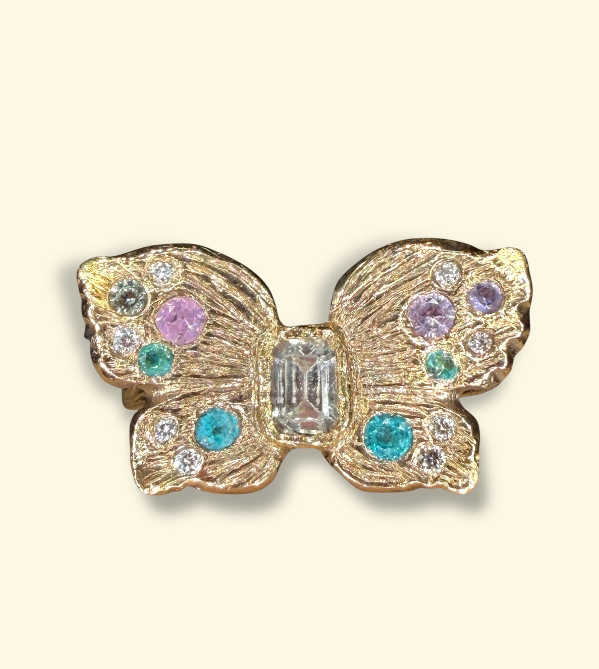 “Happiness” Butterfly Ring Sapphires, Paraibas and Diamonds in 18 Ct Gold