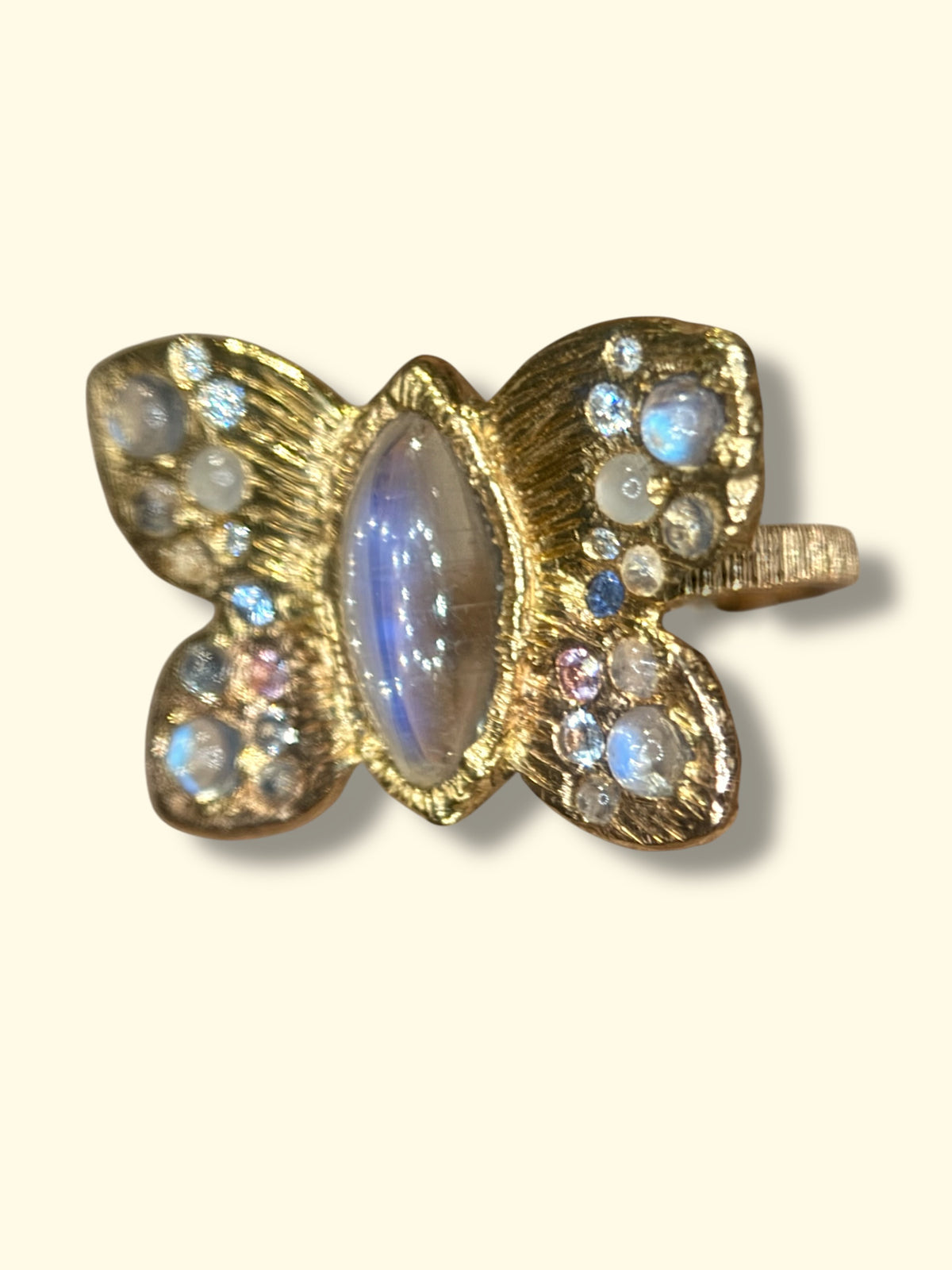 “Winterfly” 18 Ct Gold Moonstones & Diamonds Art Ring at Tomfoolery London