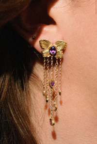 Butterfly Cuckoo Charm Earrings in 18 Ct Gold, Purple Oval Sapphires (Available at Tomfoolery London)
